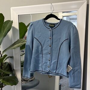 Vintage Blue Button-Front Knit Jacket with Contrast Piping